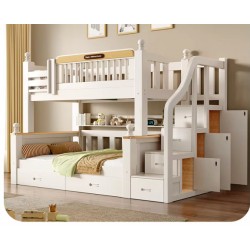 Solid Wood Bunk Bed With Drawers and Wardrobe, White