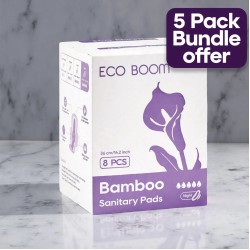 Eco Boom Bamboo Viscose Unscented Ultra Thin Organic Sanitary Pads, 360mm Night, Extra Heavy Absorbency, 5 PACK BUNDLE SPECIAL SALE