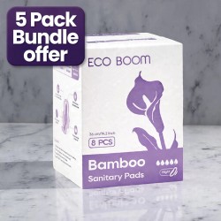 Eco Boom Bamboo Viscose Unscented Ultra Thin Organic Sanitary Pads, 360mm Night, Extra Heavy Absorbency, 5 PACK BUNDLE SPECIAL SALE