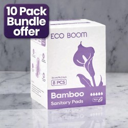 Eco Boom Bamboo Viscose Unscented Ultra Thin Organic Sanitary Pads, 360mm Night, Extra Heavy Absorbency, 10 PACK BUNDLE SPECIAL SALE