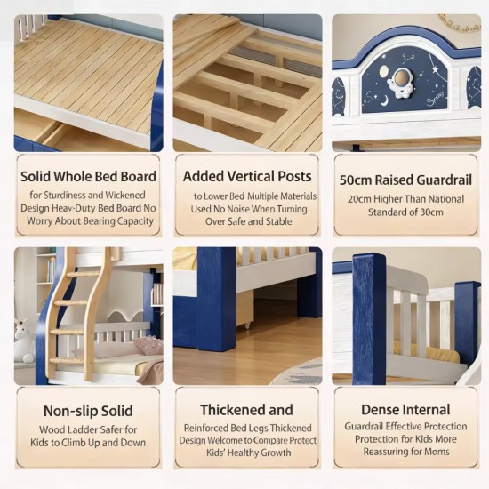 Contemporary Solid Wood Bunk Bed 5 by 6 on 6 by 6 with Free Mattresses