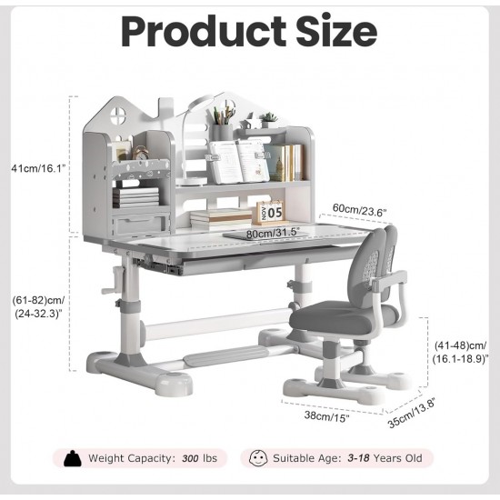 Big Kid Tilt Table Adjustable Height Academic Desk and Cushioned Chair Set, Grey Big Kid Tilt Table Adjustable Height Academic Desk and Cushioned Chair Set, Grey