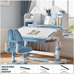 Big Kid Tilt Table Adjustable Height Academic Desk and Cushioned Chair Set, Blue