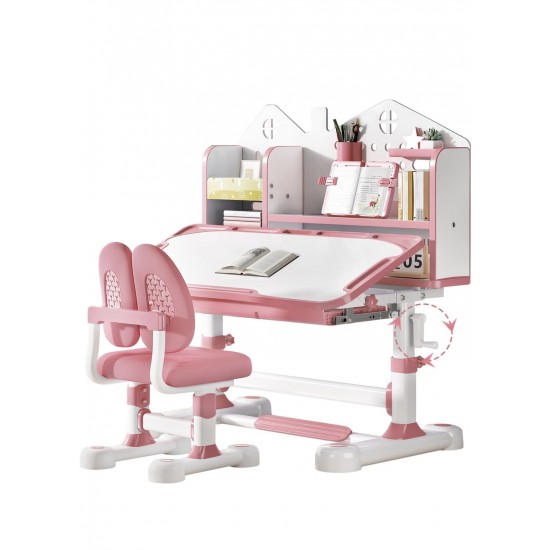 Big Kid Tilt Table Adjustable Height Academic Desk and Cushioned Chair Set, Pink