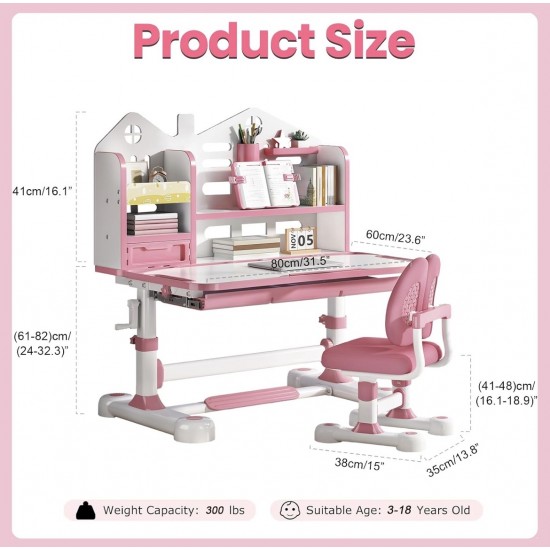 Big Kid Tilt Table Adjustable Height Academic Desk and Cushioned Chair Set, Pink