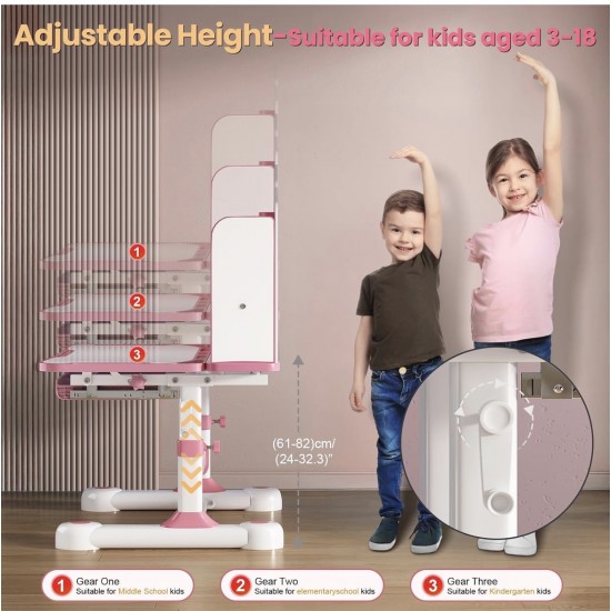 Big Kid Tilt Table Adjustable Height Academic Desk and Cushioned Chair Set, Pink