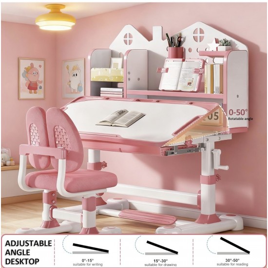 Big Kid Tilt Table Adjustable Height Academic Desk and Cushioned Chair Set, Pink