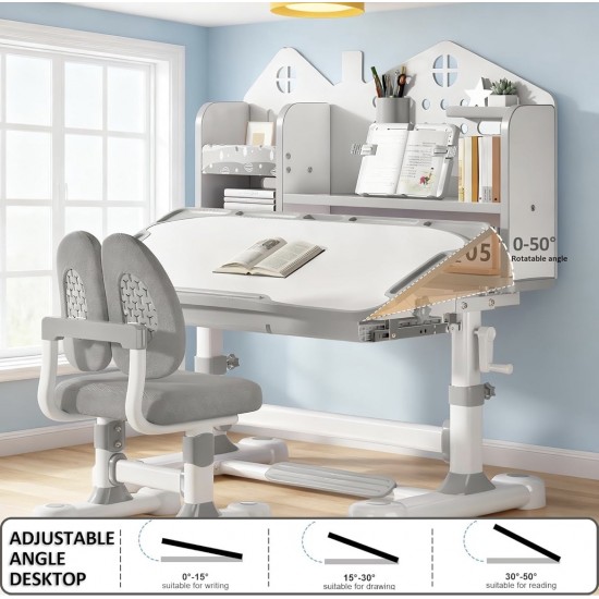 Big Kid Tilt Table Adjustable Height Academic Desk and Cushioned Chair Set, Grey Big Kid Tilt Table Adjustable Height Academic Desk and Cushioned Chair Set, Grey