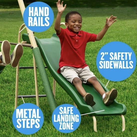 Palm View Metal Swing Set with 5ft Wave Slide and Padded Legs