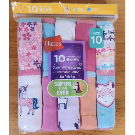 Hanes Girls' Tagless Super Soft Cotton Brief Underwear, 10 pack