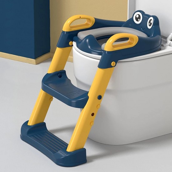 BUBBAS Potty Training Toilet Seat with Step Ladder, Blue/Yellow Froggie Eyes