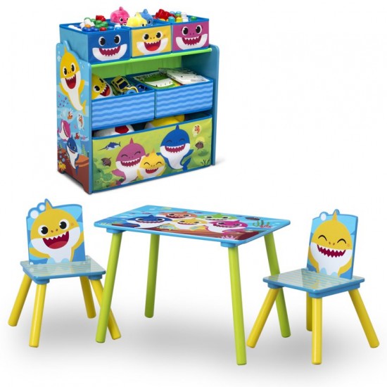 Baby Shark 4-Piece Playroom Set- Includes Table and 2 Chairs and 6-Bin Toy Organizer