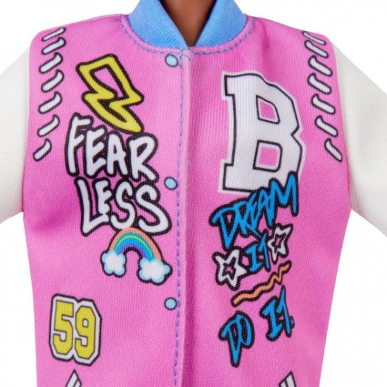 Barbie Fashionistas Doll, Brunette Afro & Blue Lips Wearing Graphic Coat Dress