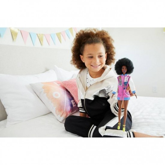Barbie Fashionistas Doll, Brunette Afro & Blue Lips Wearing Graphic Coat Dress