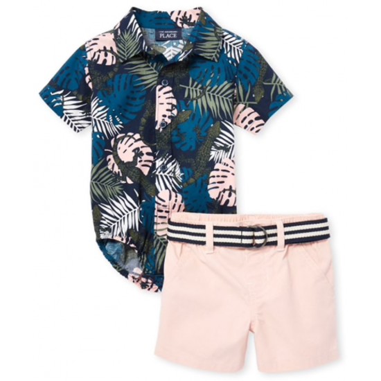 Baby Boys Short Sleeve Palm Print Poplin Button Down Bodysuit And Woven Shorts Set